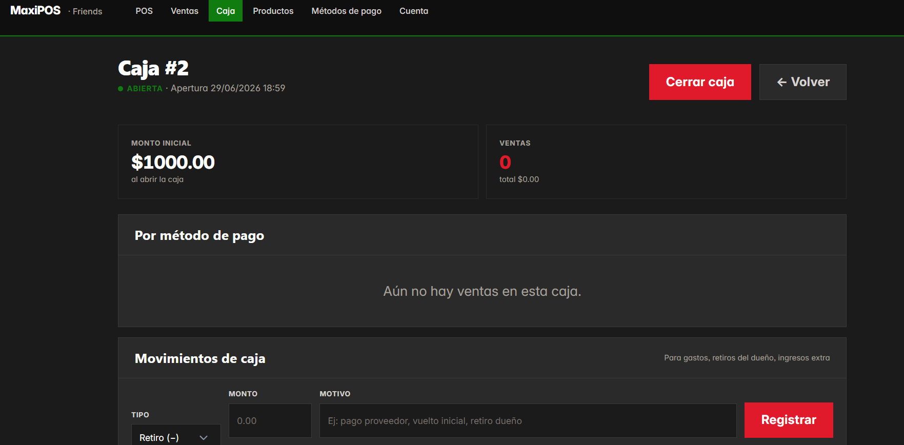 Control de caja en MaxiPOS