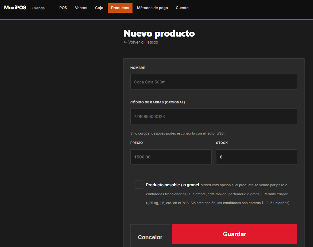 Gestión de productos en MaxiPOS